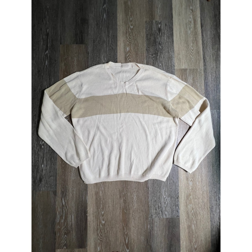 Timberland‎ V-Neck Sweater Mens XXL Cream Tan Good Striped Knit Pullover